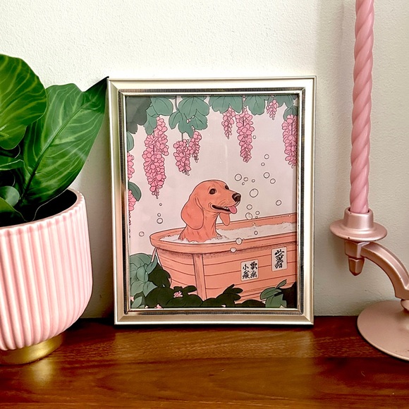 Other - Tan Dachshund Bathtub Japanese Style Bathroom Print Bath Dog Wall Art Framed
